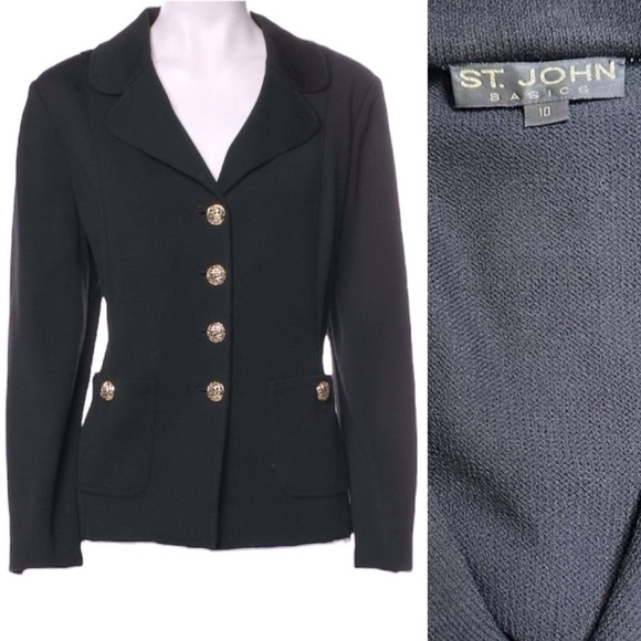 ST. JOHN Basics Santana Knit Button Front Blazer Jacket Black w/ Gold Buttons 10 - Picture 1 of 15